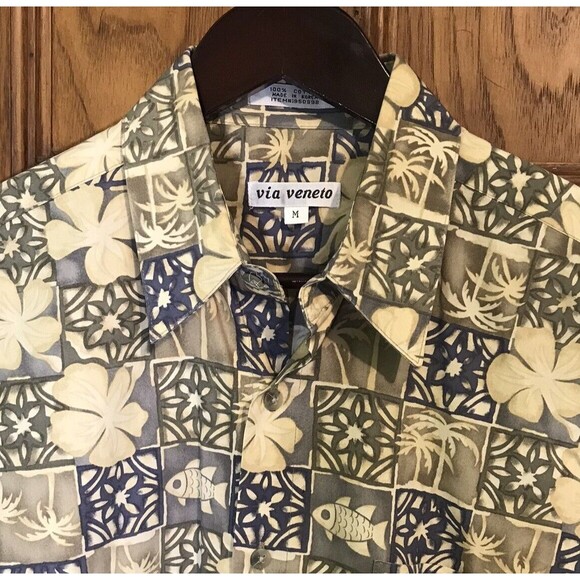 Via Veneto Men's M Hawaiian Shirt Short Sleeve Button Up Blue & Tan Cotton Korea - Picture 4 of 9